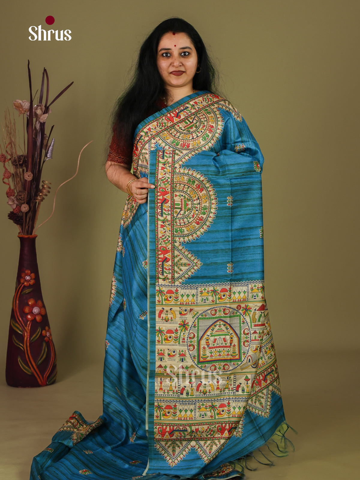 Blue & Cream - Printed Madhubani Saree - Shop on Shrus.com