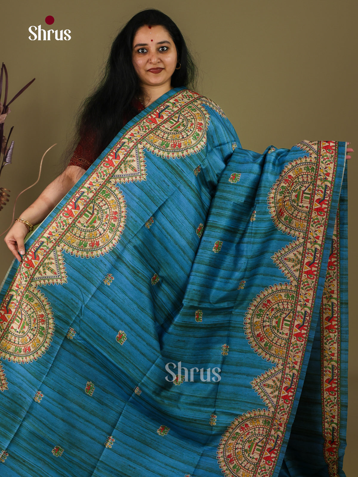 Blue & Cream - Printed Madhubani Saree - Shop on Shrus.com