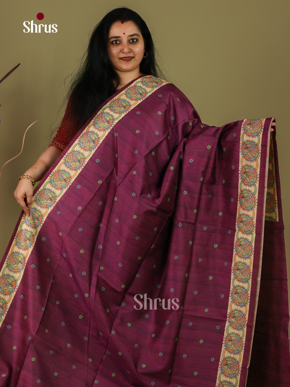 Dark Wine - Printed Madhubani Saree - - Shop on Shrus.com