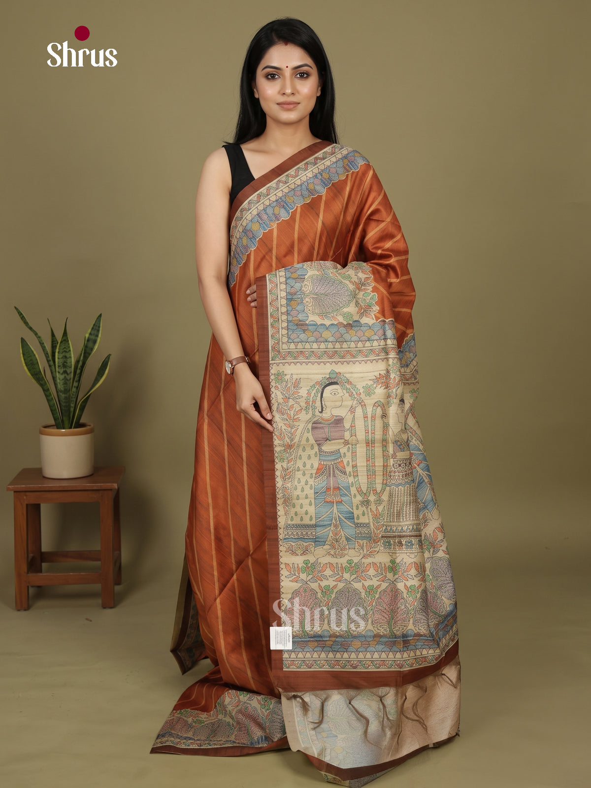 Brown & Cream - Printed Madhubani Saree