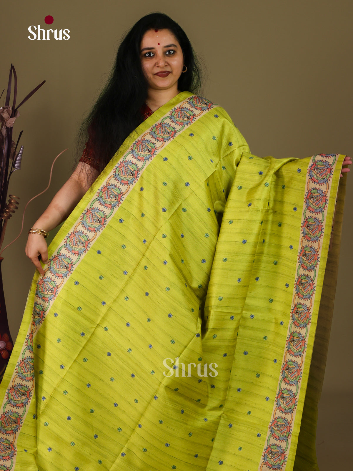 Lime Green & Cream - Printed Madhubani Saree - Shop on Shrus.com