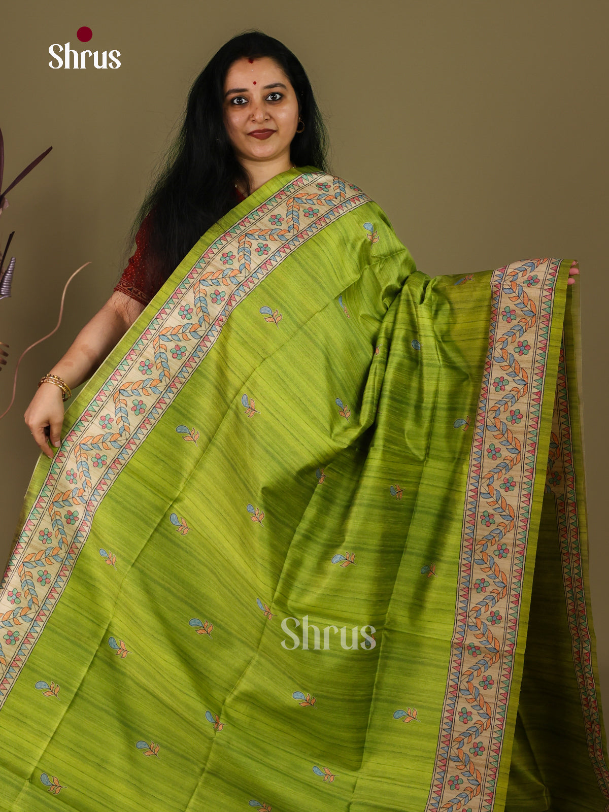 Light Green & Cream -  Printed Madhubani Saree