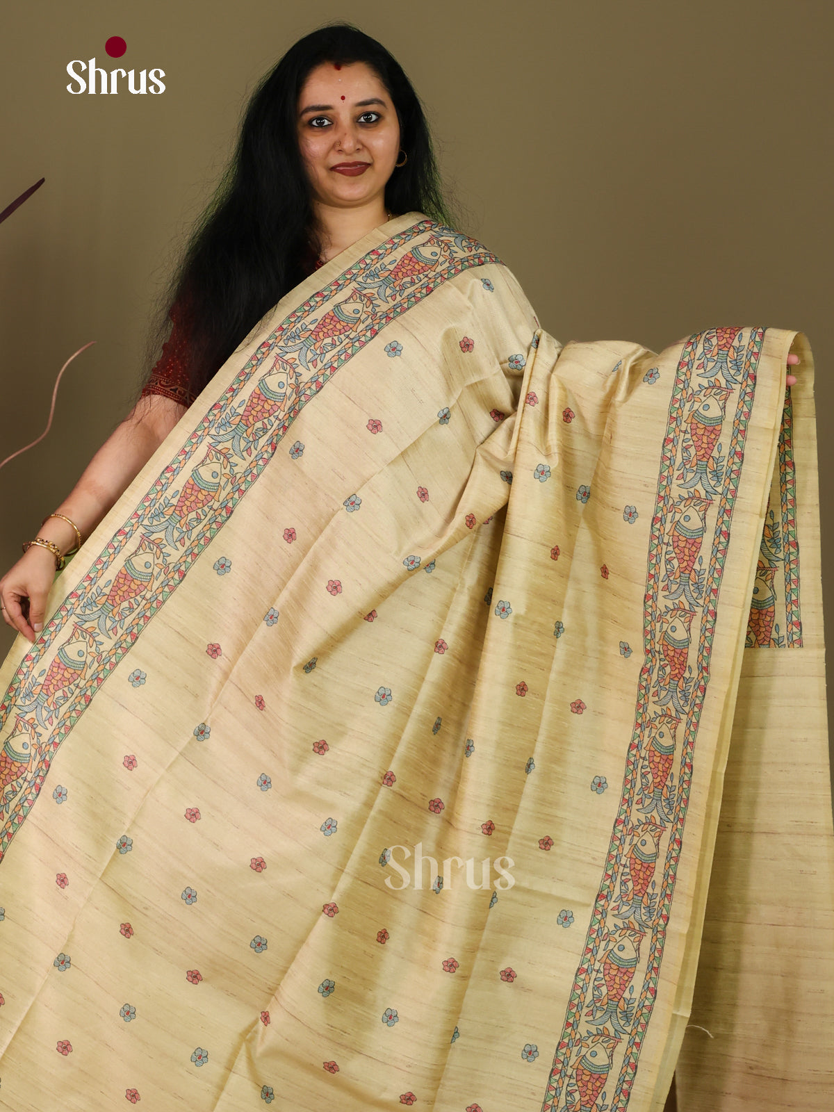 Elachi Green & Cream - Printed Madhubani Saree - Shop on Shrus.com