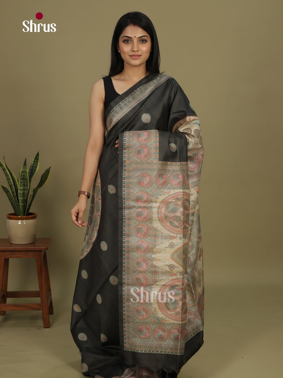 Black & Cream - Printed Madhubani Saree