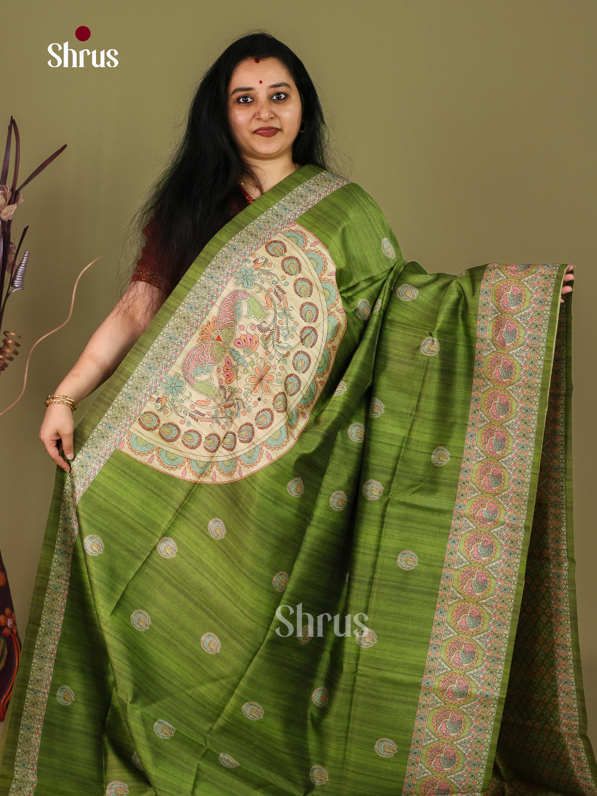 Light Green & Cream - Printed Madhubani Saree