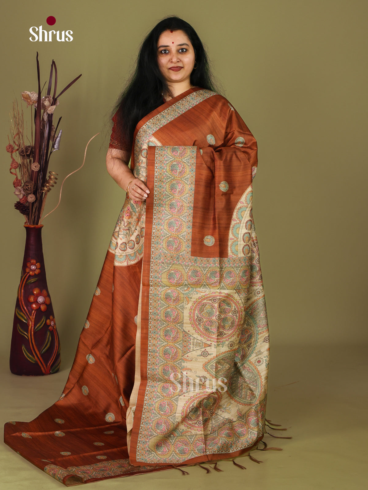 Brown & Cream - Printed Madhubani Saree