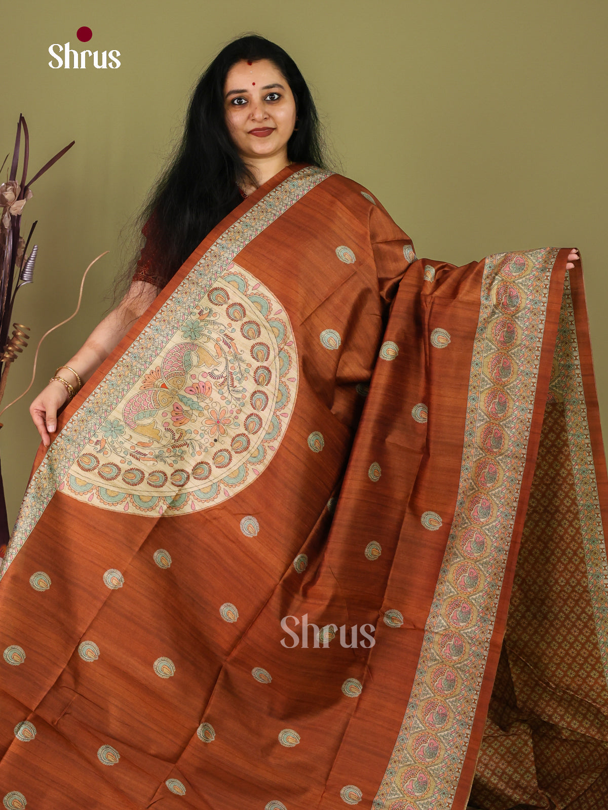 Brown & Cream - Printed Madhubani Saree