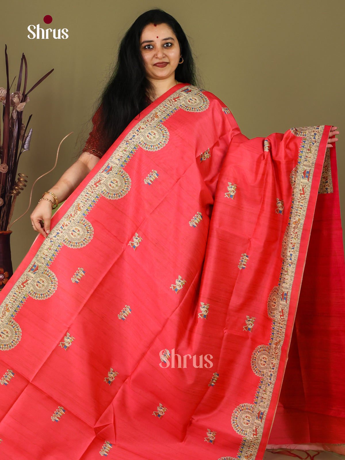 Red - Printed Madhubani Saree - Shop on Shrus.com