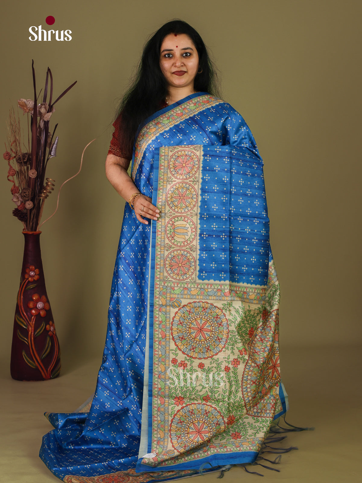 Blue & Cream - Printed Madhubani Saree - Shop on Shrus.com