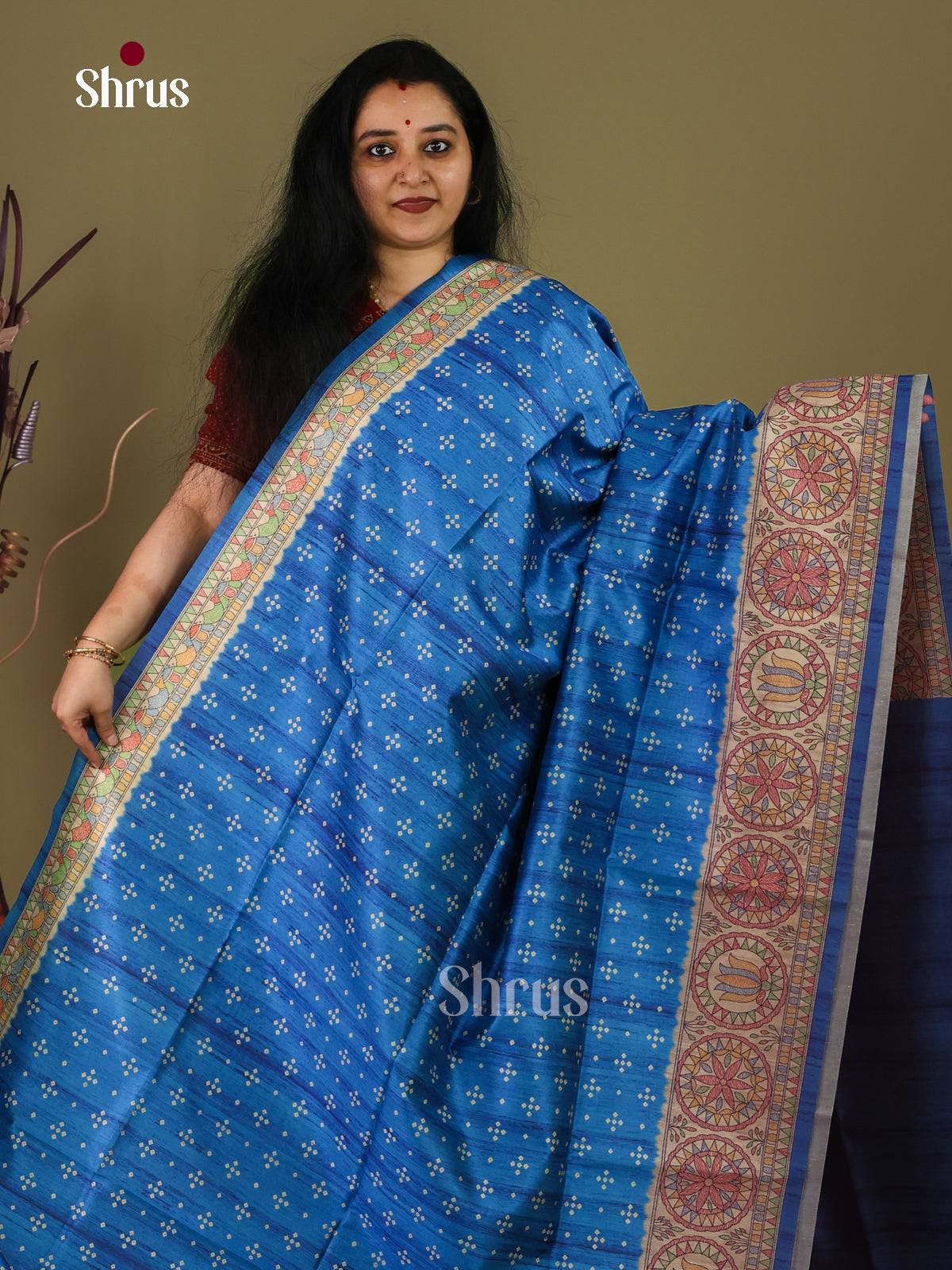 Blue & Cream - Printed Madhubani Saree - Shop on Shrus.com