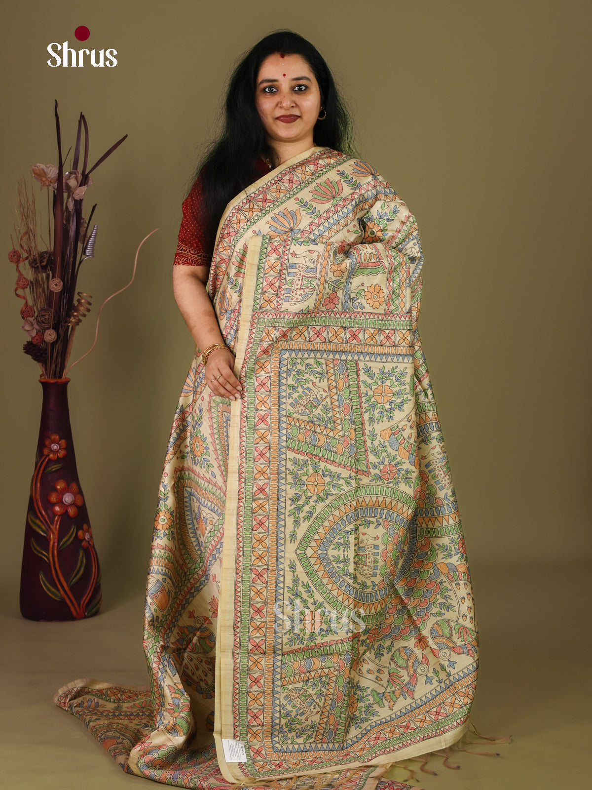 Cream -Printed Madhubani Saree - Shop on Shrus.com