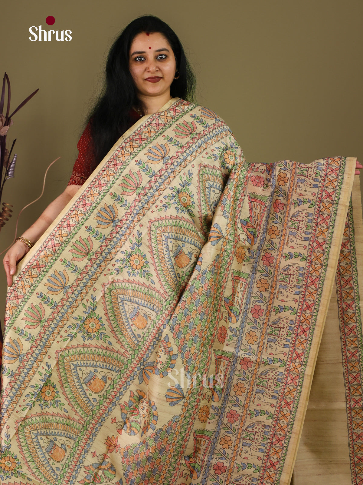 Cream -Printed Madhubani Saree - Shop on Shrus.com