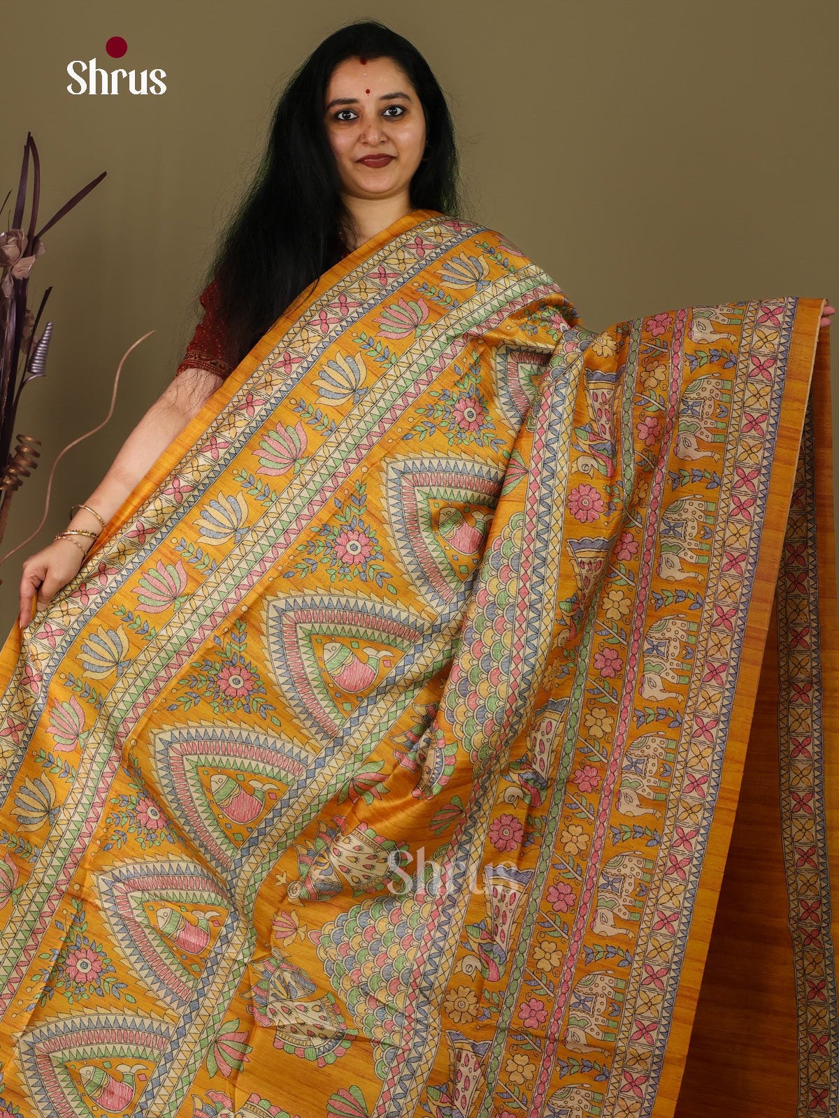 Mustard & Cream - Printed Madhubani Saree - Shop on Shrus.com