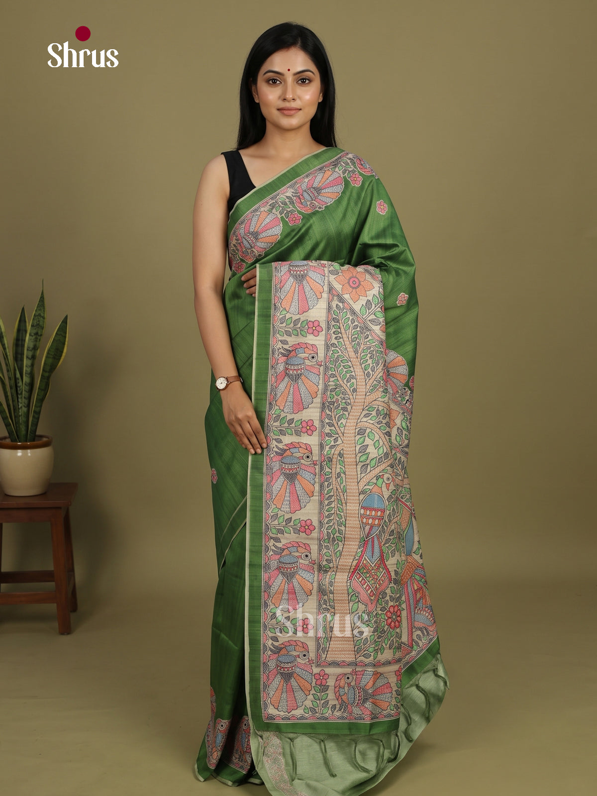 Green & Cream - Printed Madhubani Saree