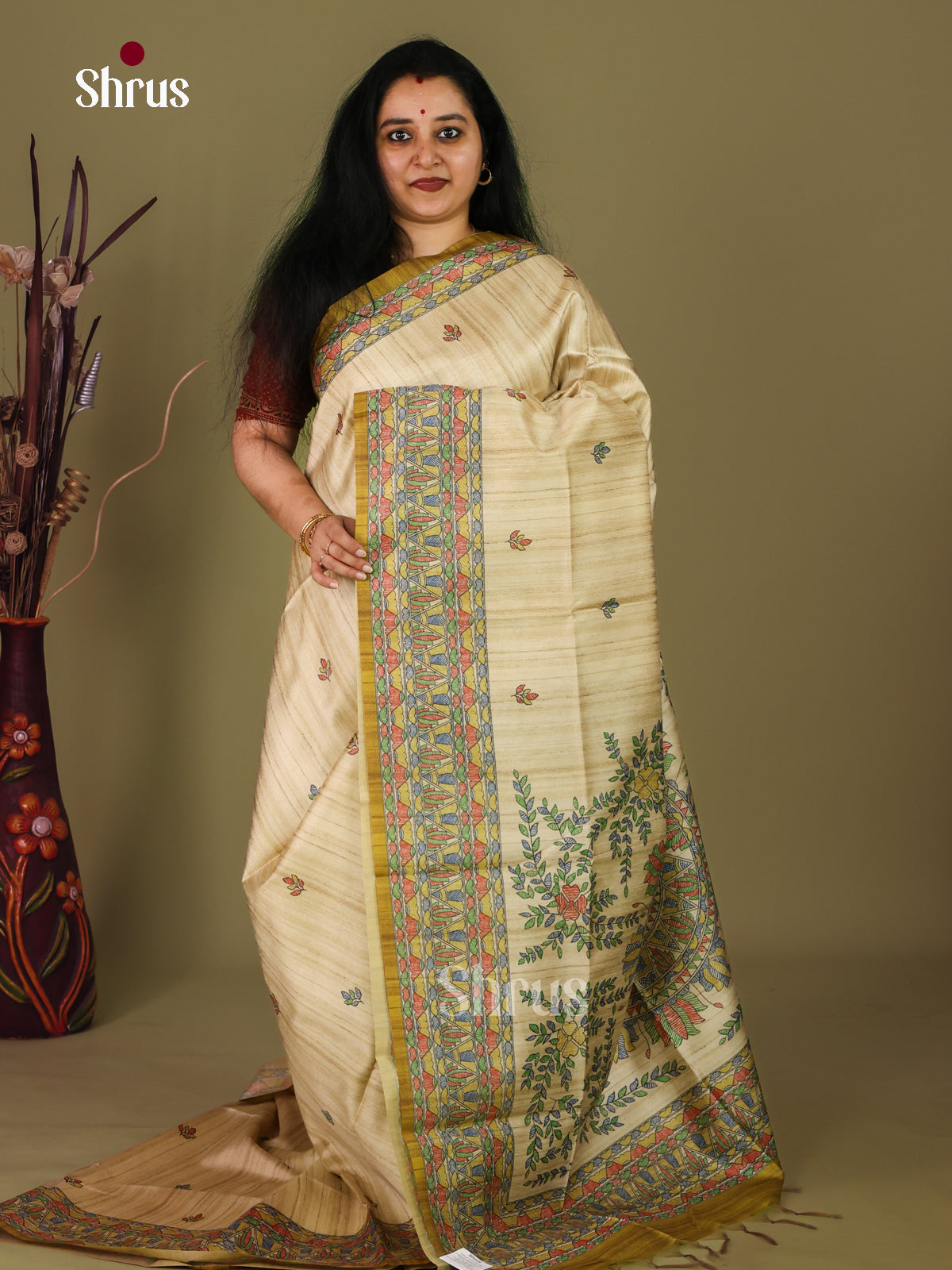 Cream & Green - Printed Madhubani Saree - Shop on Shrus.com