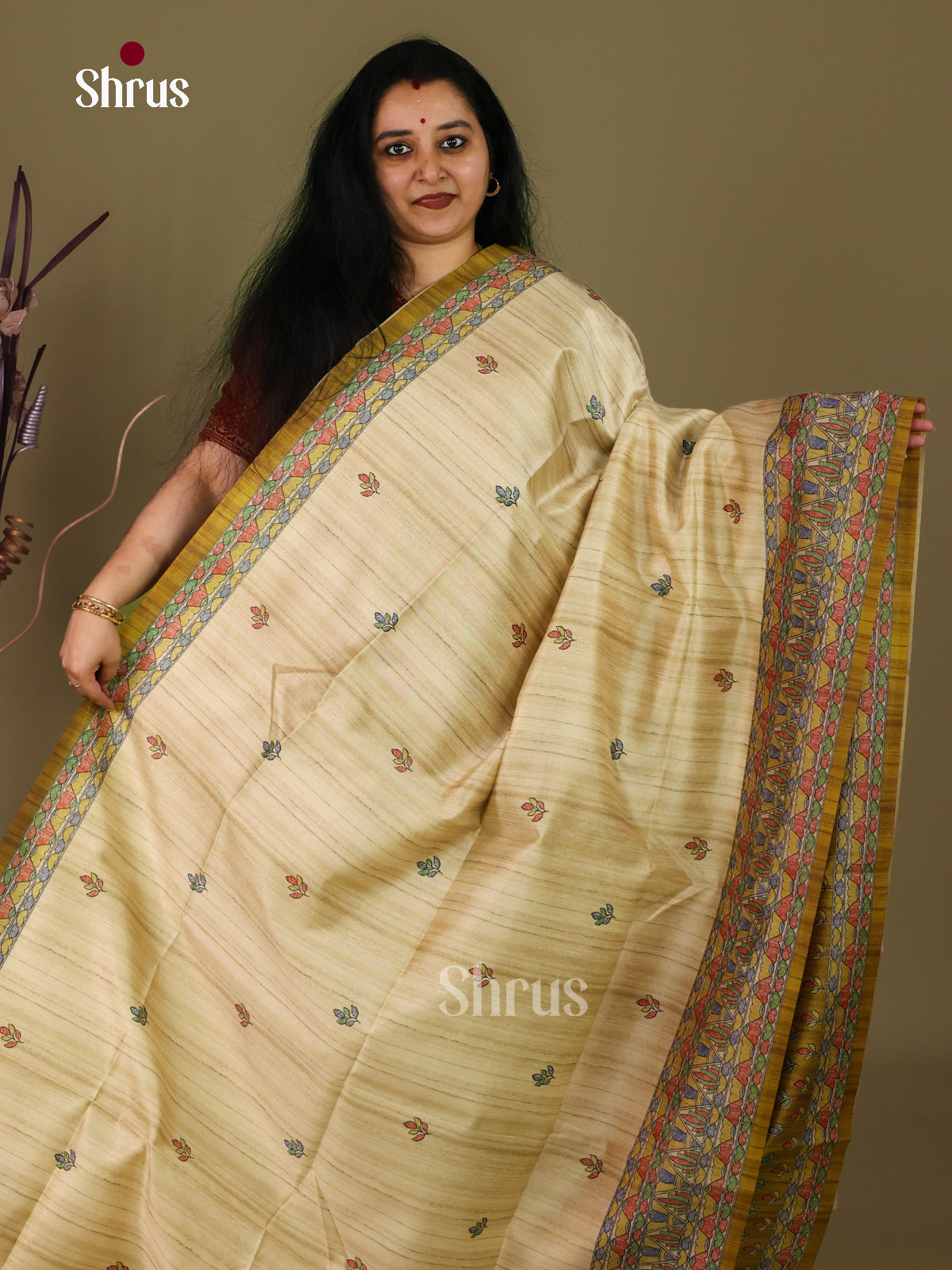 Cream & Green - Printed Madhubani Saree - Shop on Shrus.com