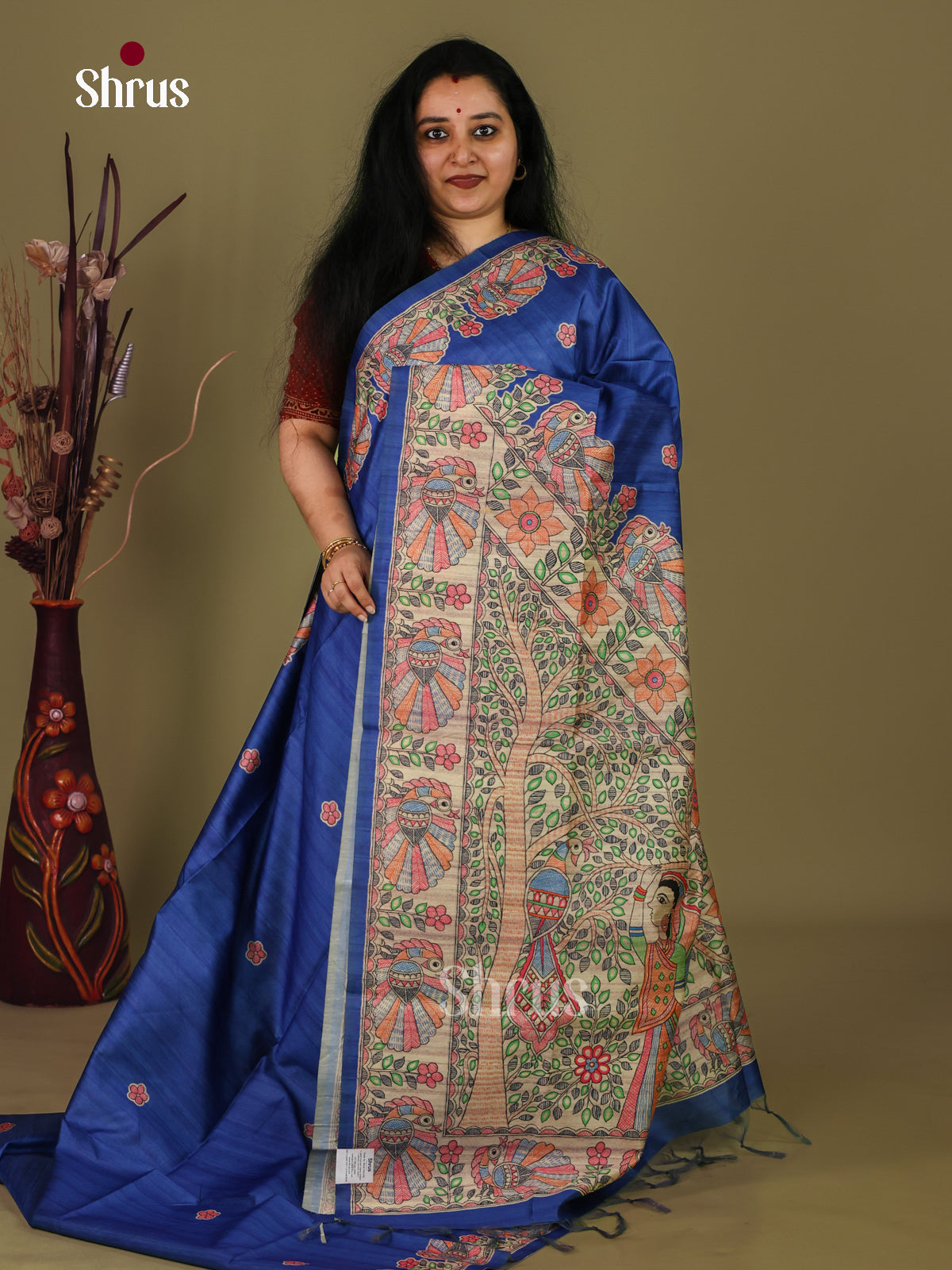 Blue & Cream - Printed Madhubani Saree - Shop on Shrus.com