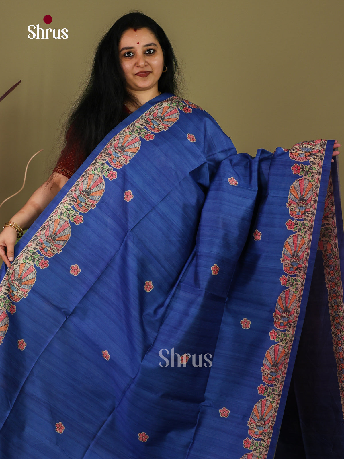 Blue & Cream - Printed Madhubani Saree - Shop on Shrus.com
