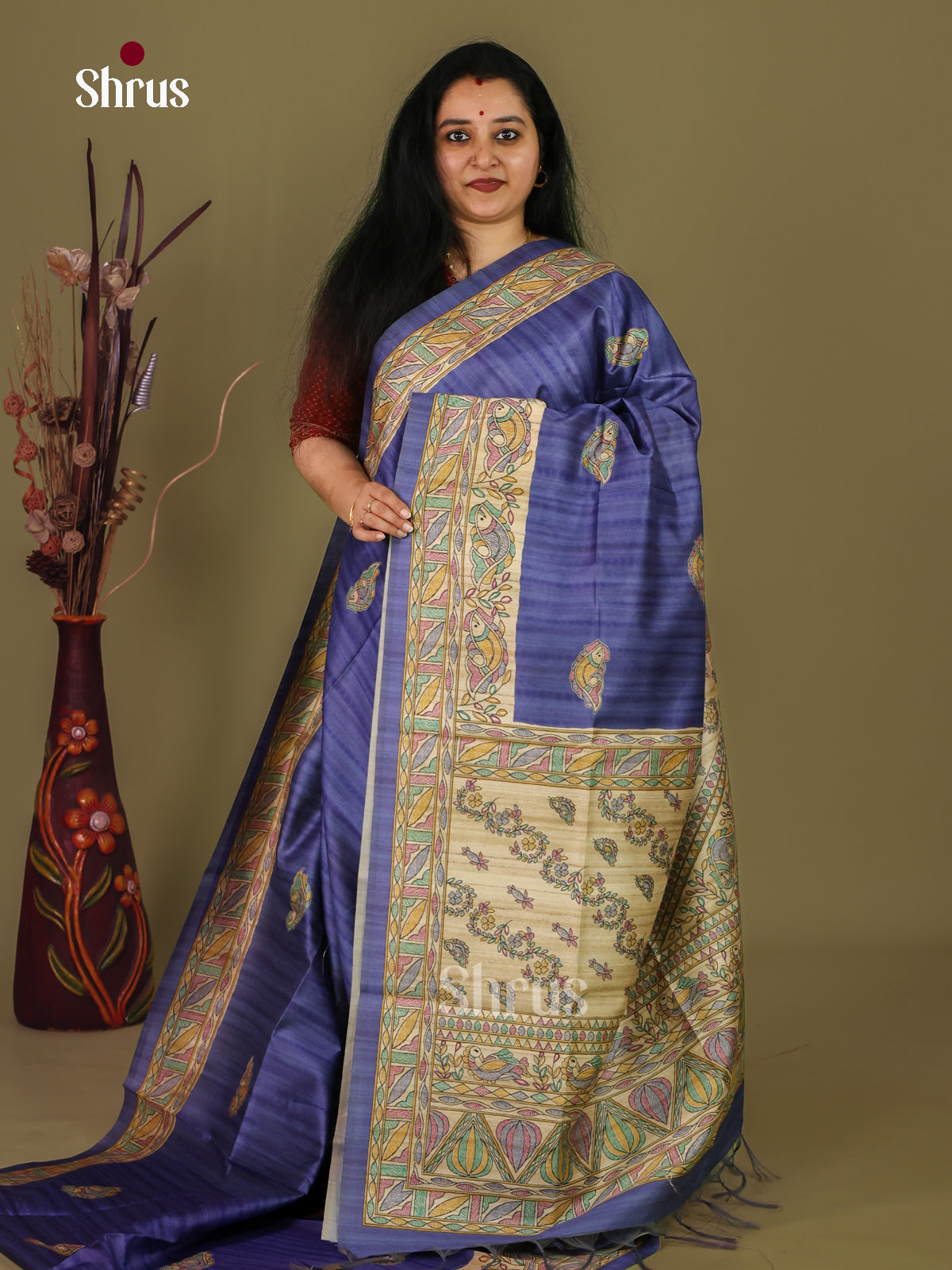 Blue & Cream - Printed Madhubani Saree