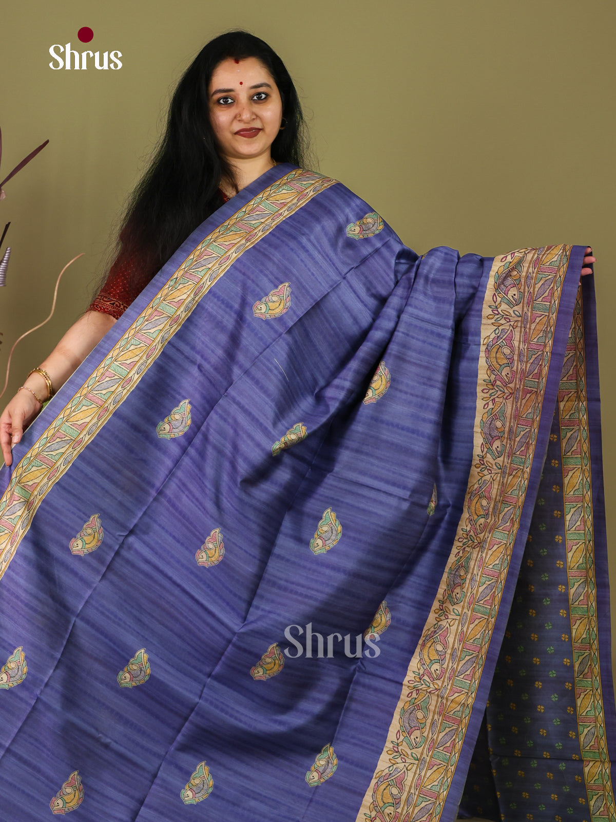 Blue & Cream - Printed Madhubani Saree