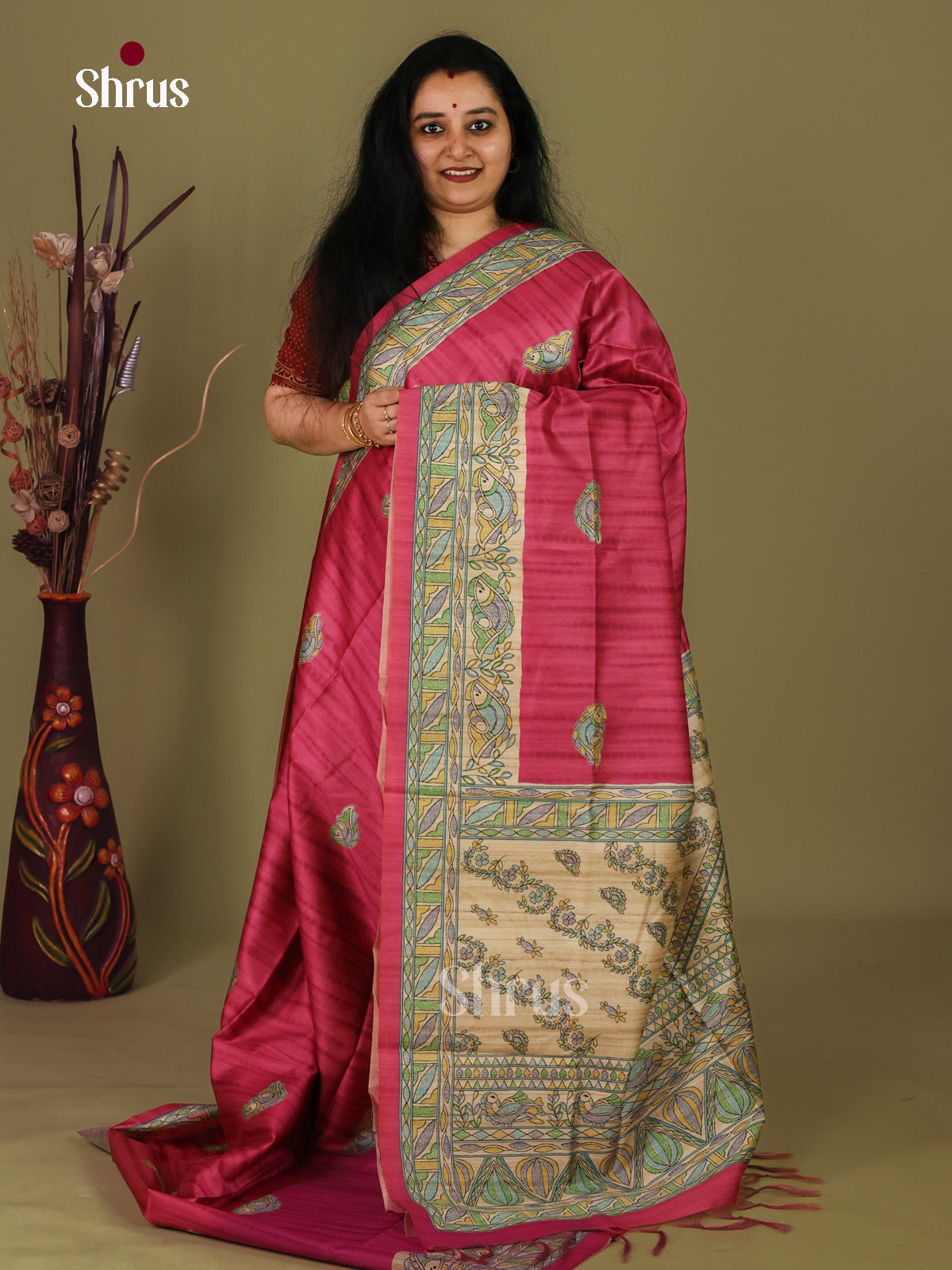 Maroon & Cream - Printed Madhubani Saree - Shop on Shrus.com
