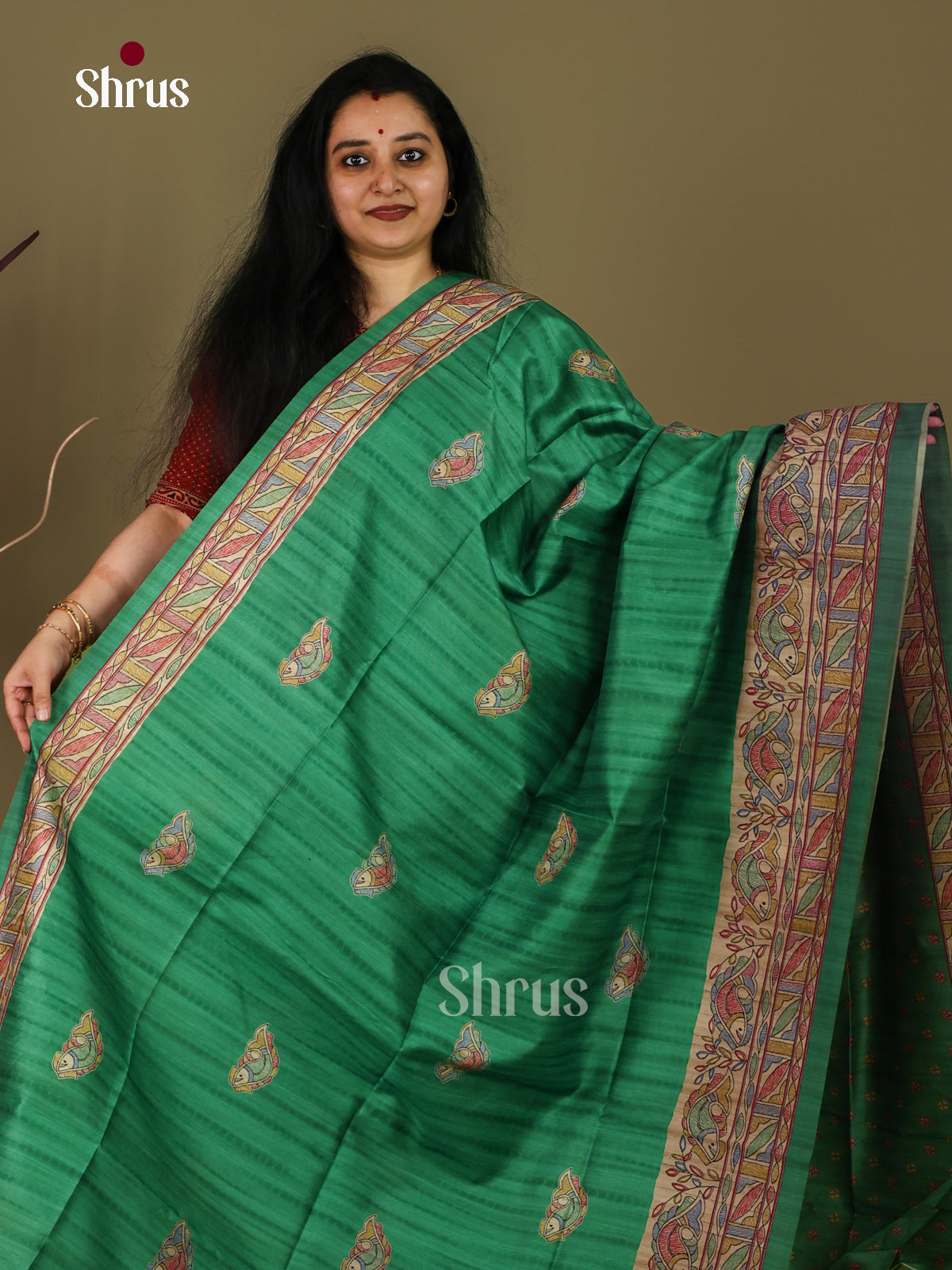 Green & Cream - Printed Madhubani Saree