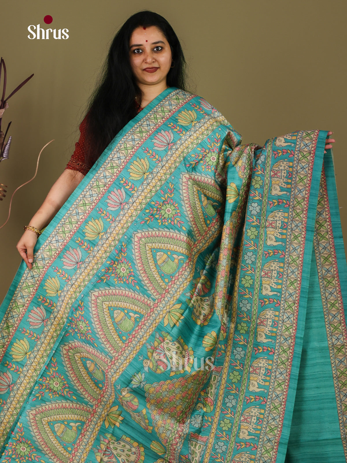 Sky blue & Cream - Printed Madhubani Saree - Shop on Shrus.com