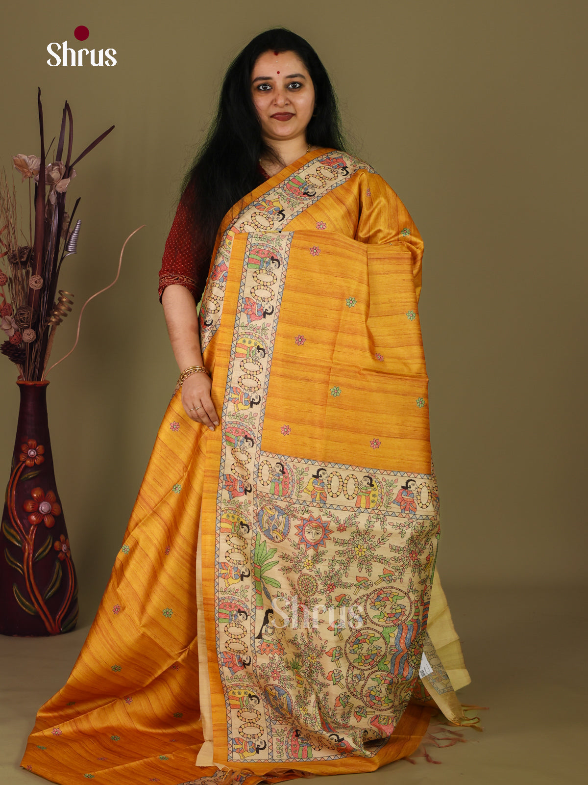 Mustard & Cream - Printed Madhubani Saree - Shop on Shrus.com