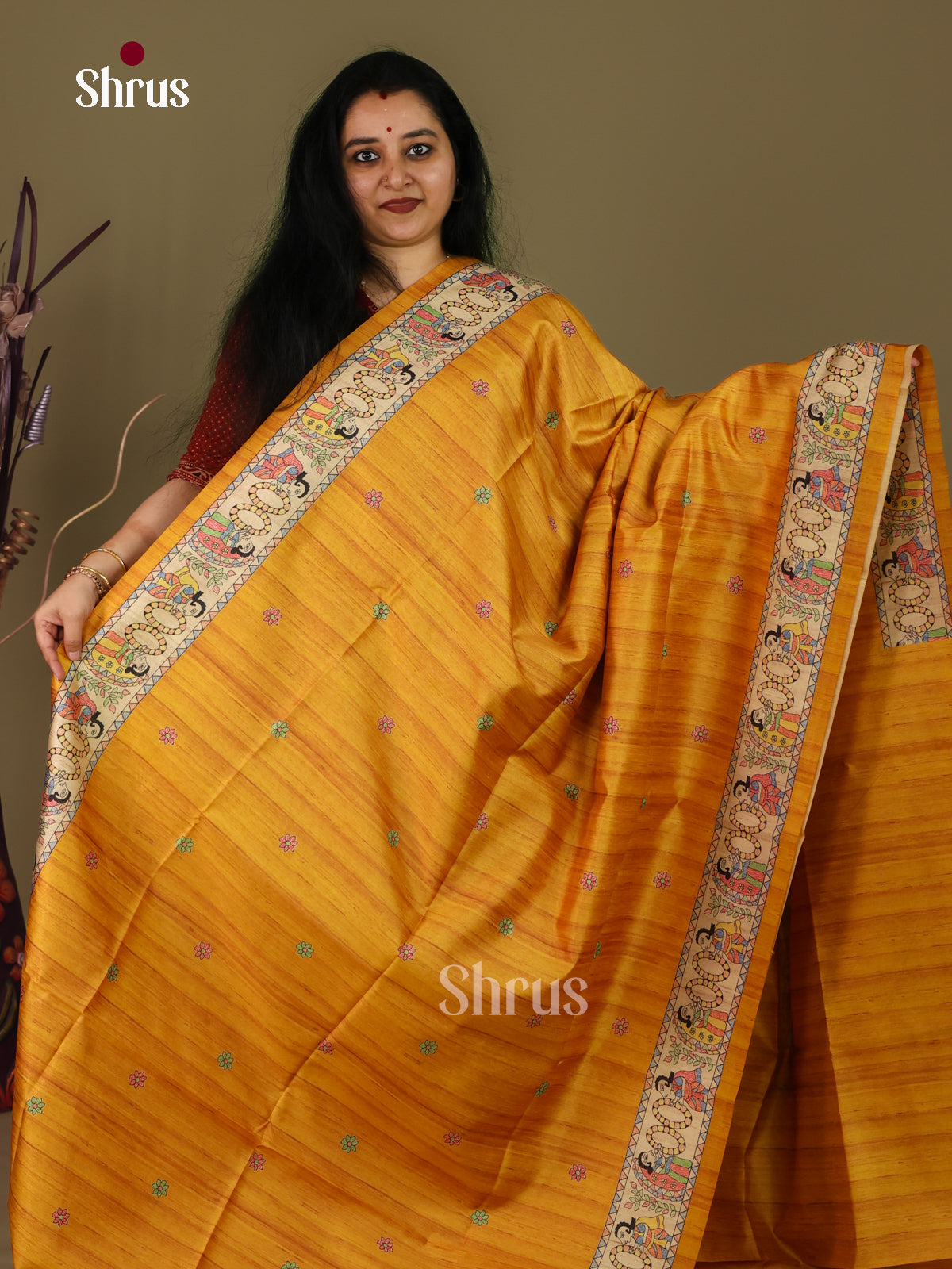 Mustard & Cream - Printed Madhubani Saree - Shop on Shrus.com