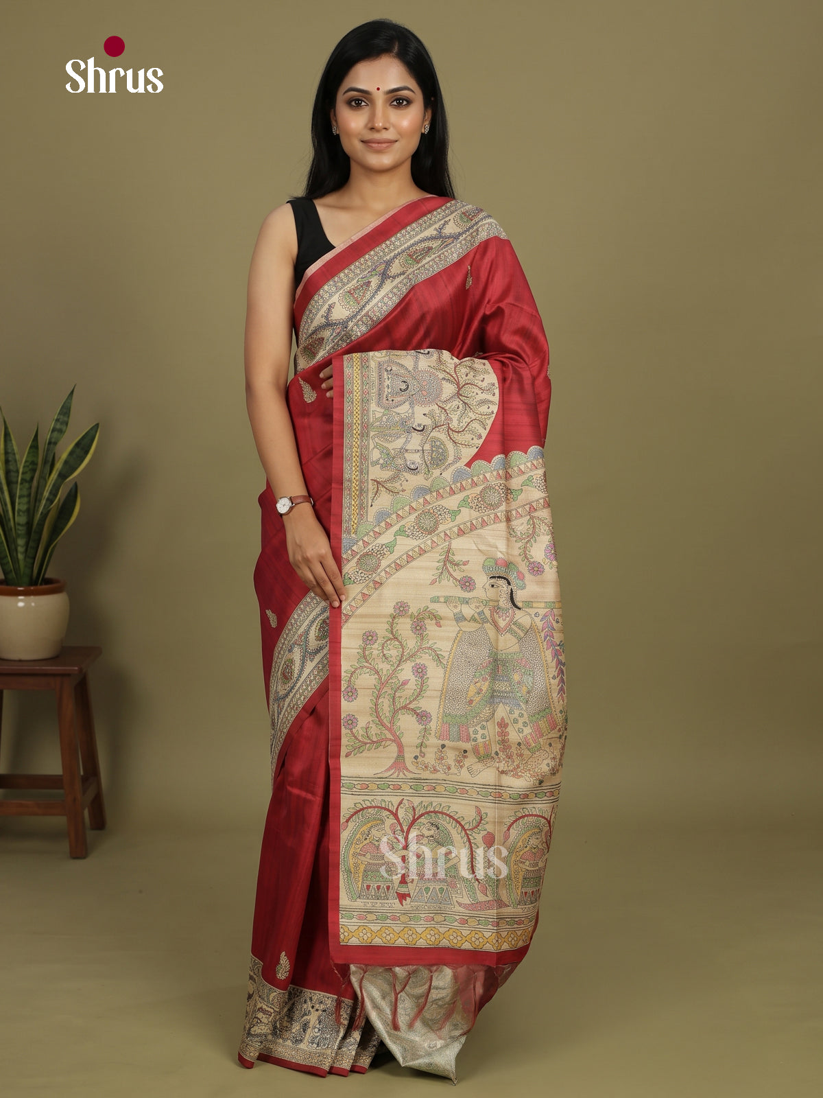 Maroon & Cream - Printed Madhubani Saree