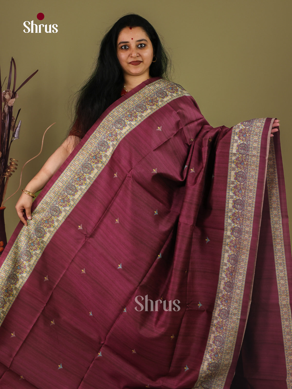 Maroon & Cream - Printed Madhubani Saree - Shop on Shrus.com
