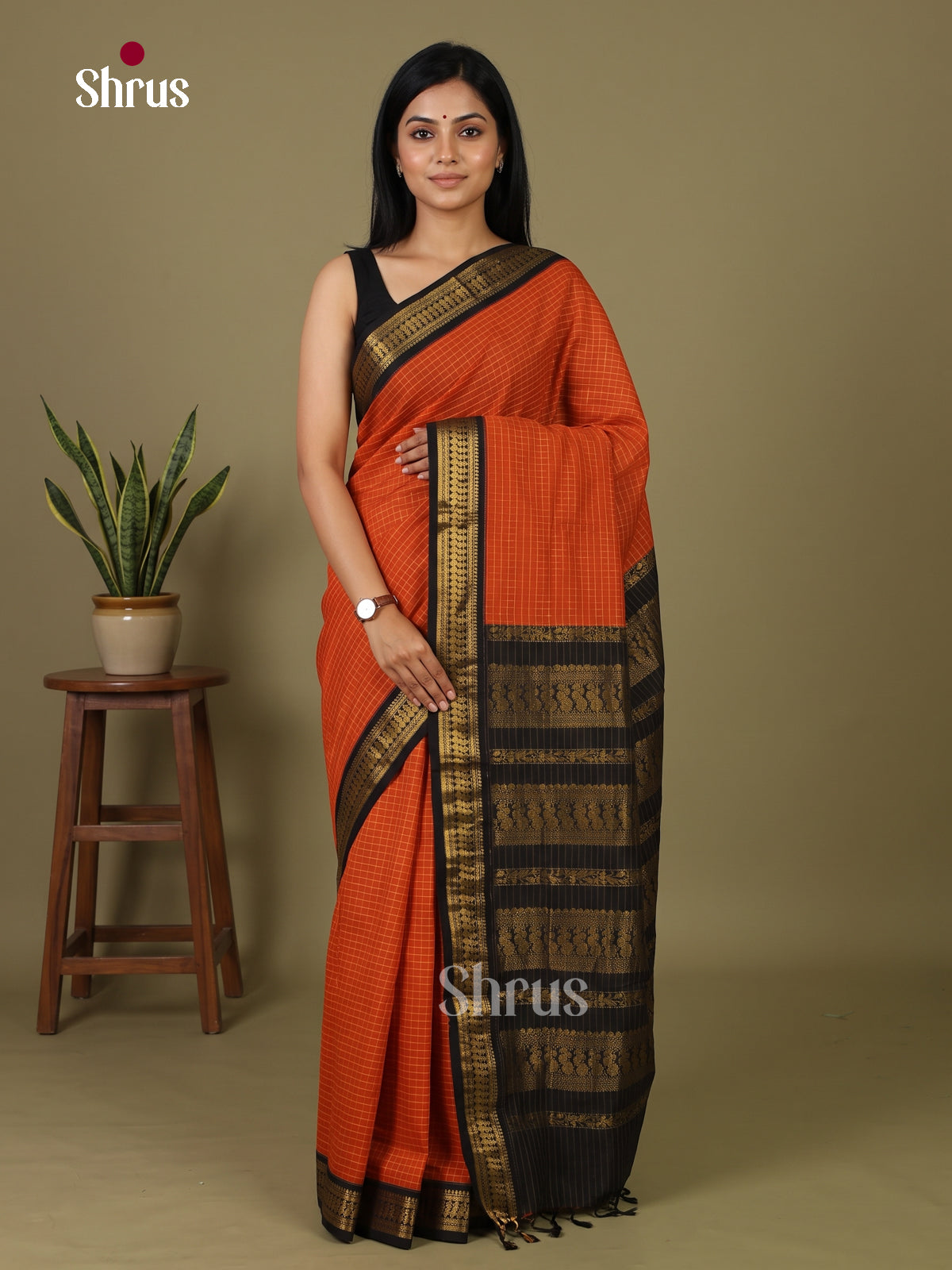 Orange & Black - Kalyani Cotton Saree