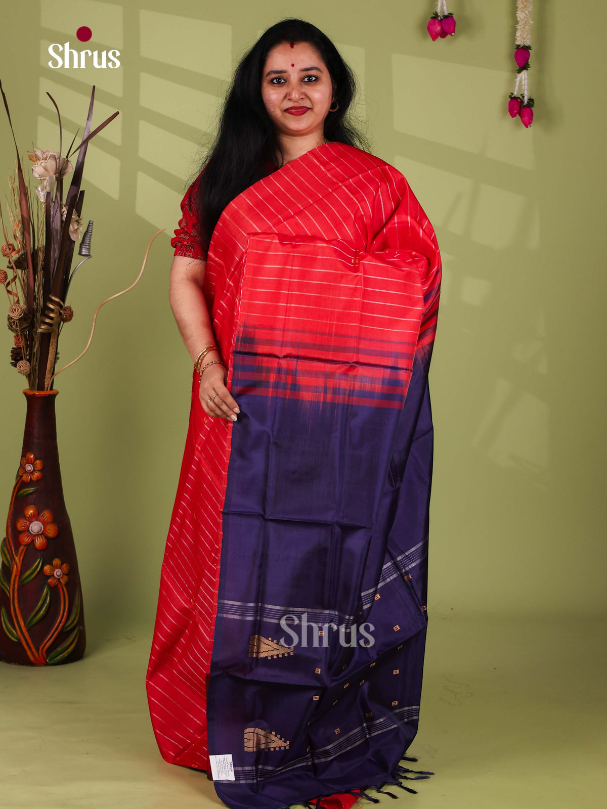 Bright Red & Blue Banana Pith Saree with zari stripes - Shop on Shrus.com