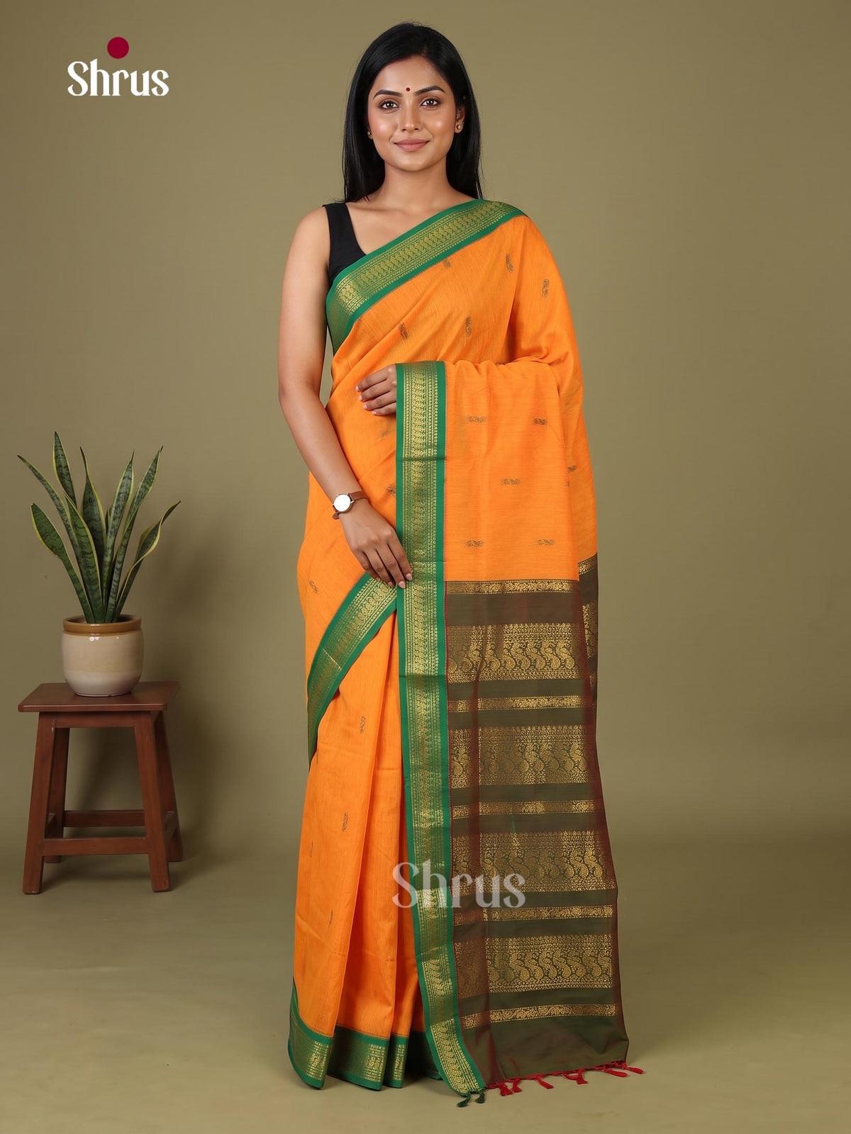 Orange & Green - Kalyani Cotton Saree