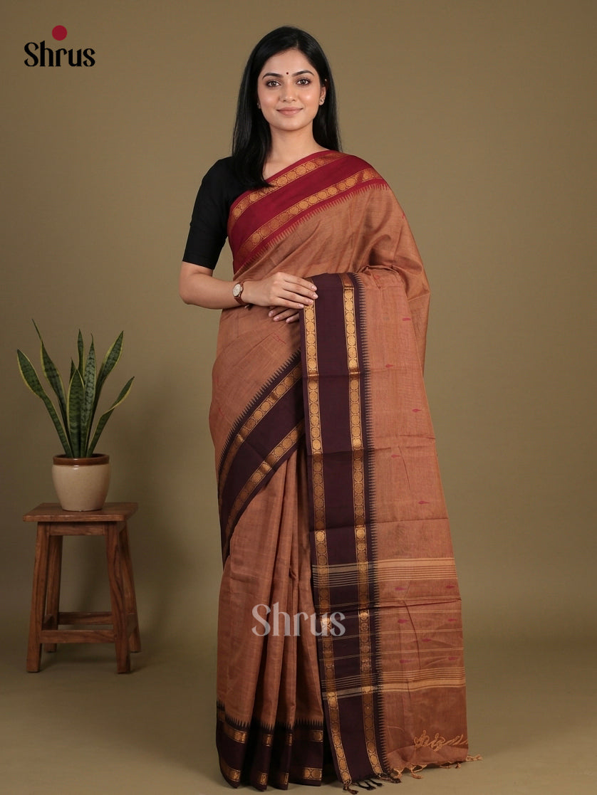 Earthy Brown Chettinad Cotton Saree With Thread Buttas & Ganga Jamuna Temple Zari Border
