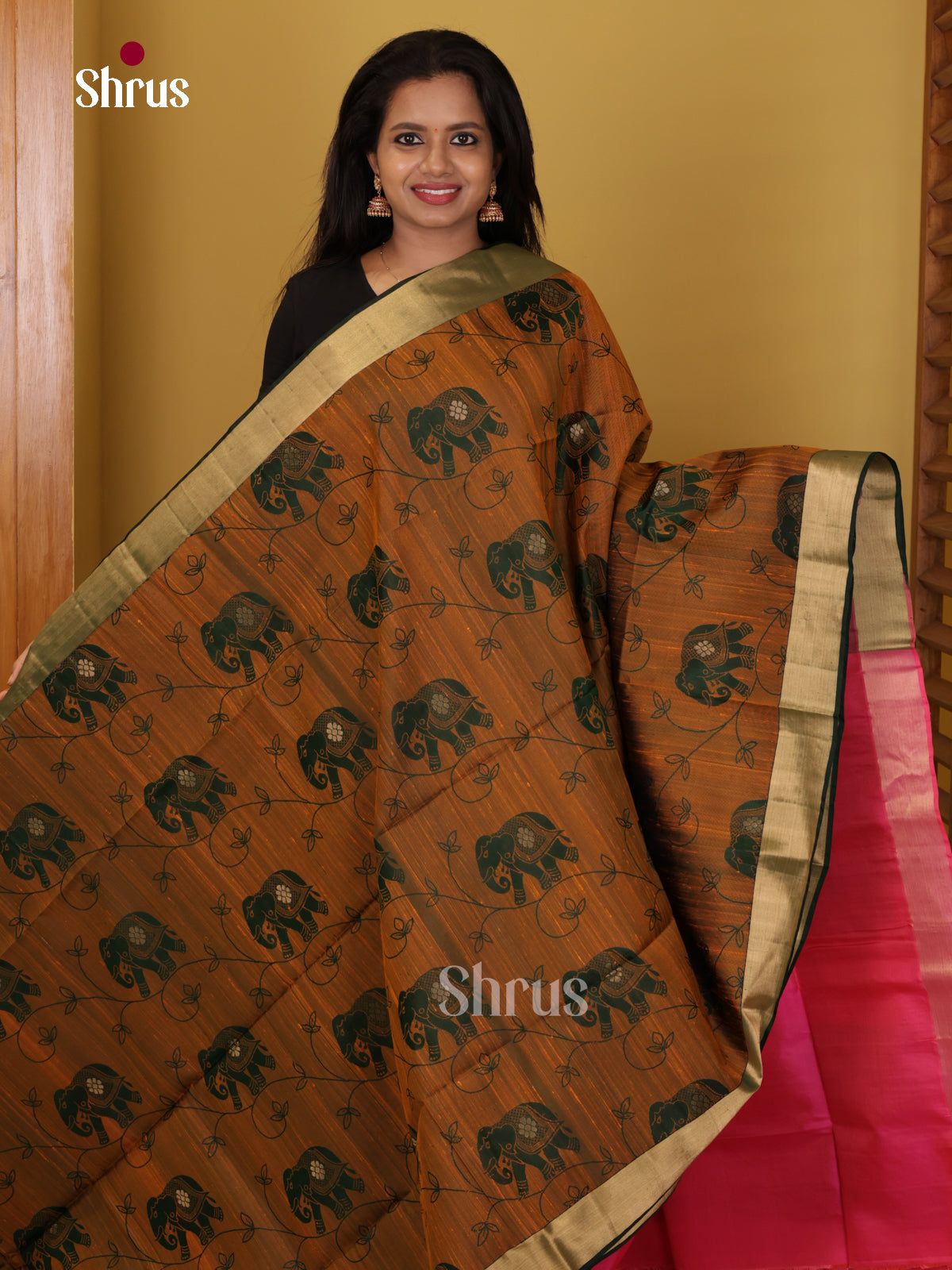 Buy Earthy Mustard Pure Soft Silk Saree With Elephant Motif Prints & Rani Pink Brocade Pallu