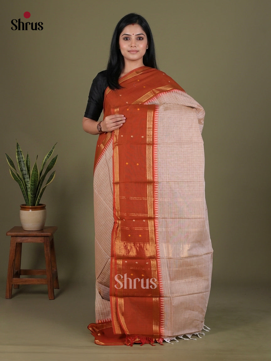 Elegant Beige Chettinad Cotton Saree With Grid Checks & Rust Rettapet Temple Zari Border