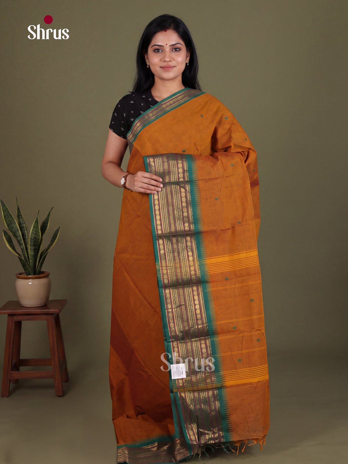Elegant Brick Chettinad Cotton Saree With Thread Buttas & Teal Zari Striped Border
