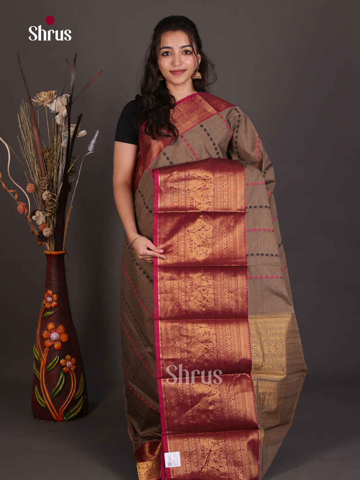 Elegant Brown Chettinad Cotton Saree With Dotted Thread Stripes & Magenta Zari Border