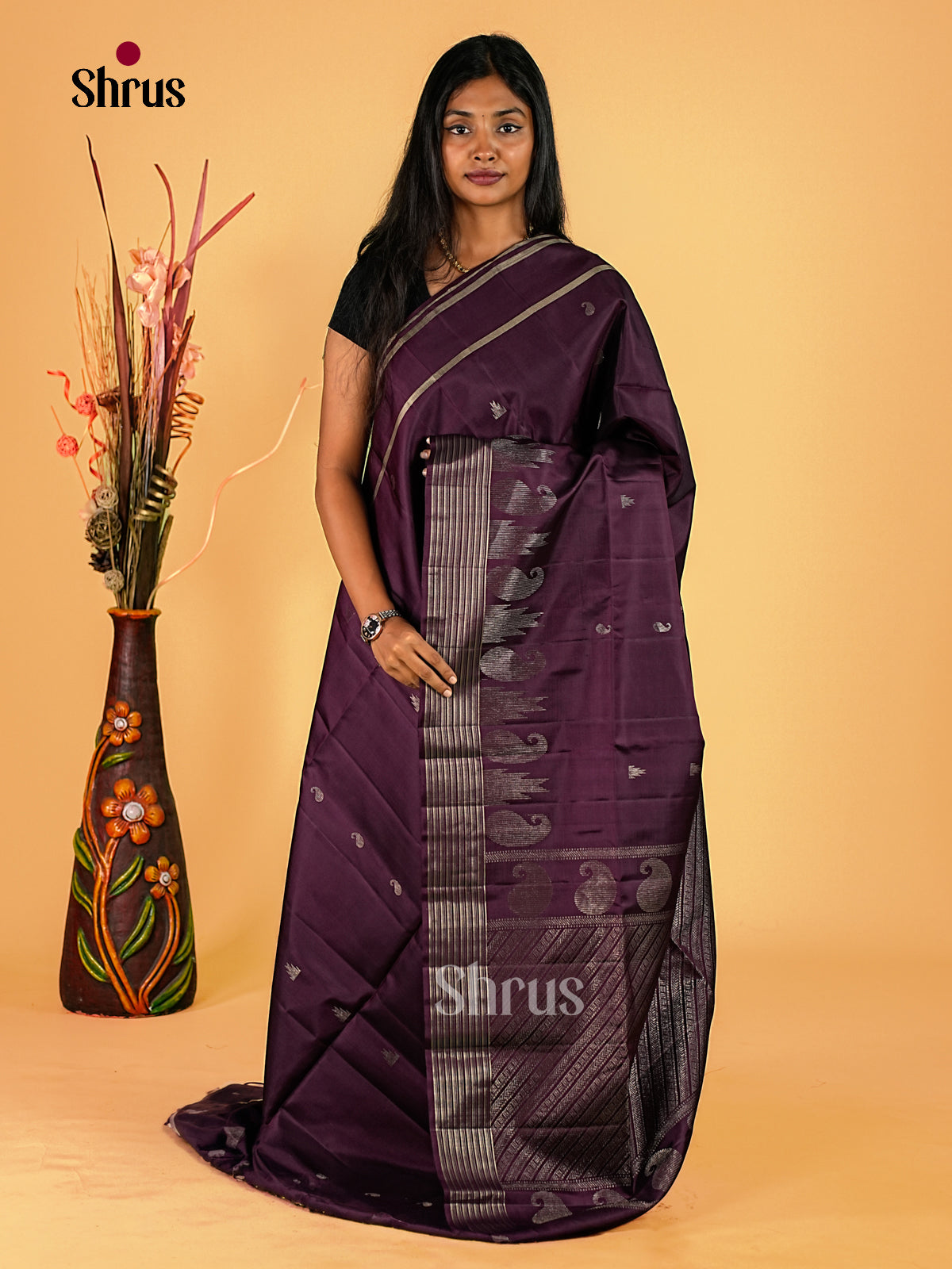 Elegant Dark Purple Soft Silk Sarees With Silver Mango Buttas, Rettapet Zari Border &  Diagonally Woven Stripes Pallu