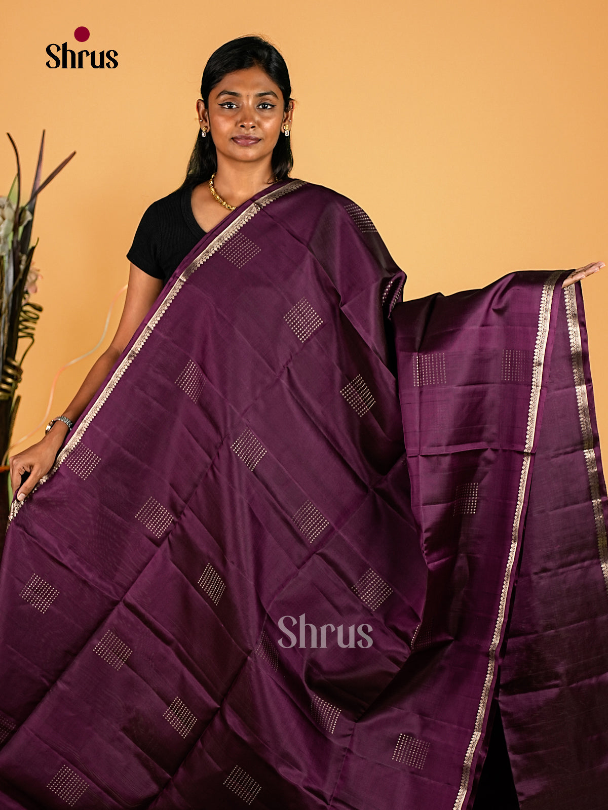 Elegant Deep Plum Soft Silk Sarees with Silver Dotted Square Motifs, Slim Zari Border & Traditional Pallu 1