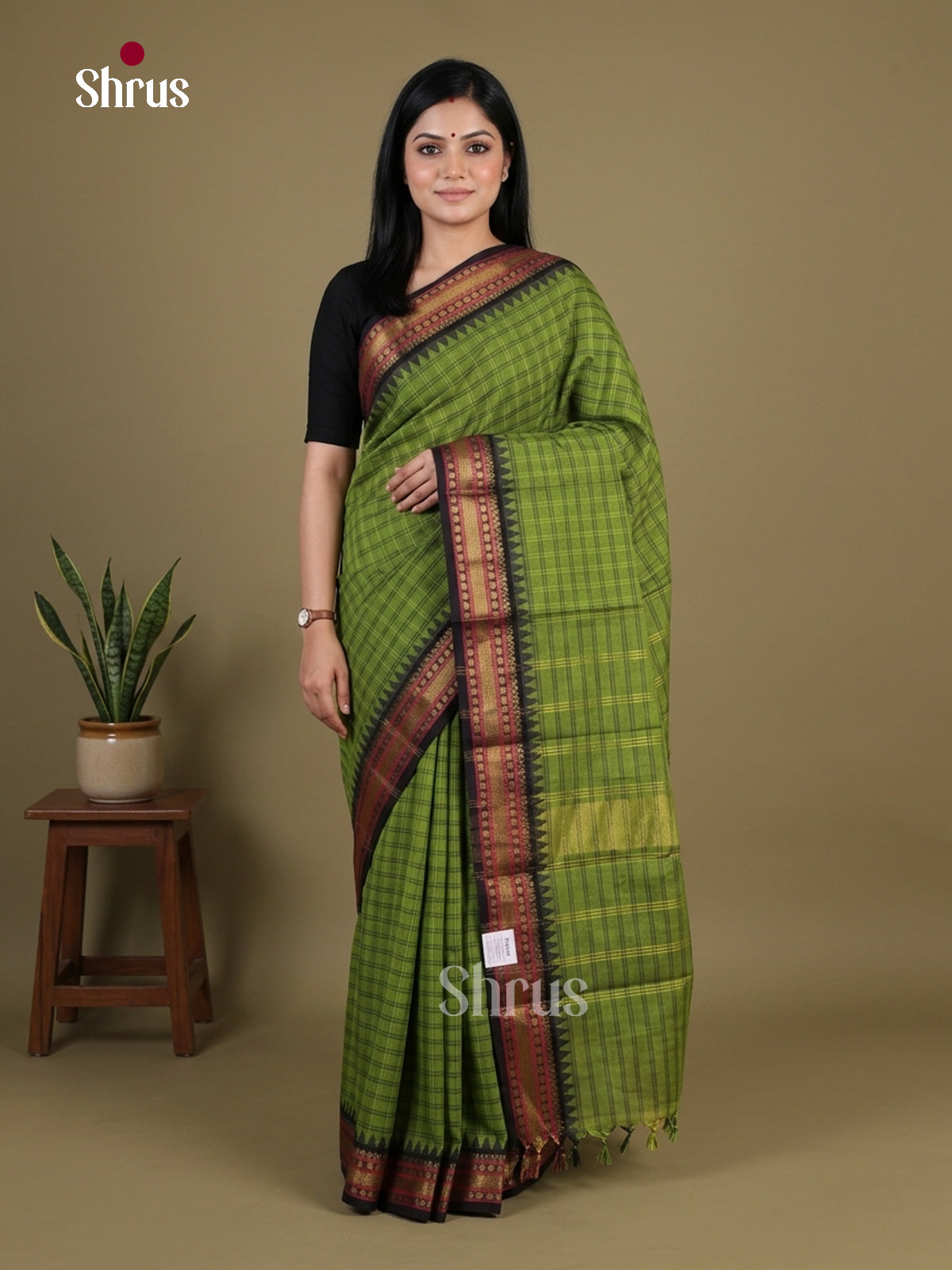 Elegant Green Chettinad Cotton Saree With Checks & Black Temple Zari Border