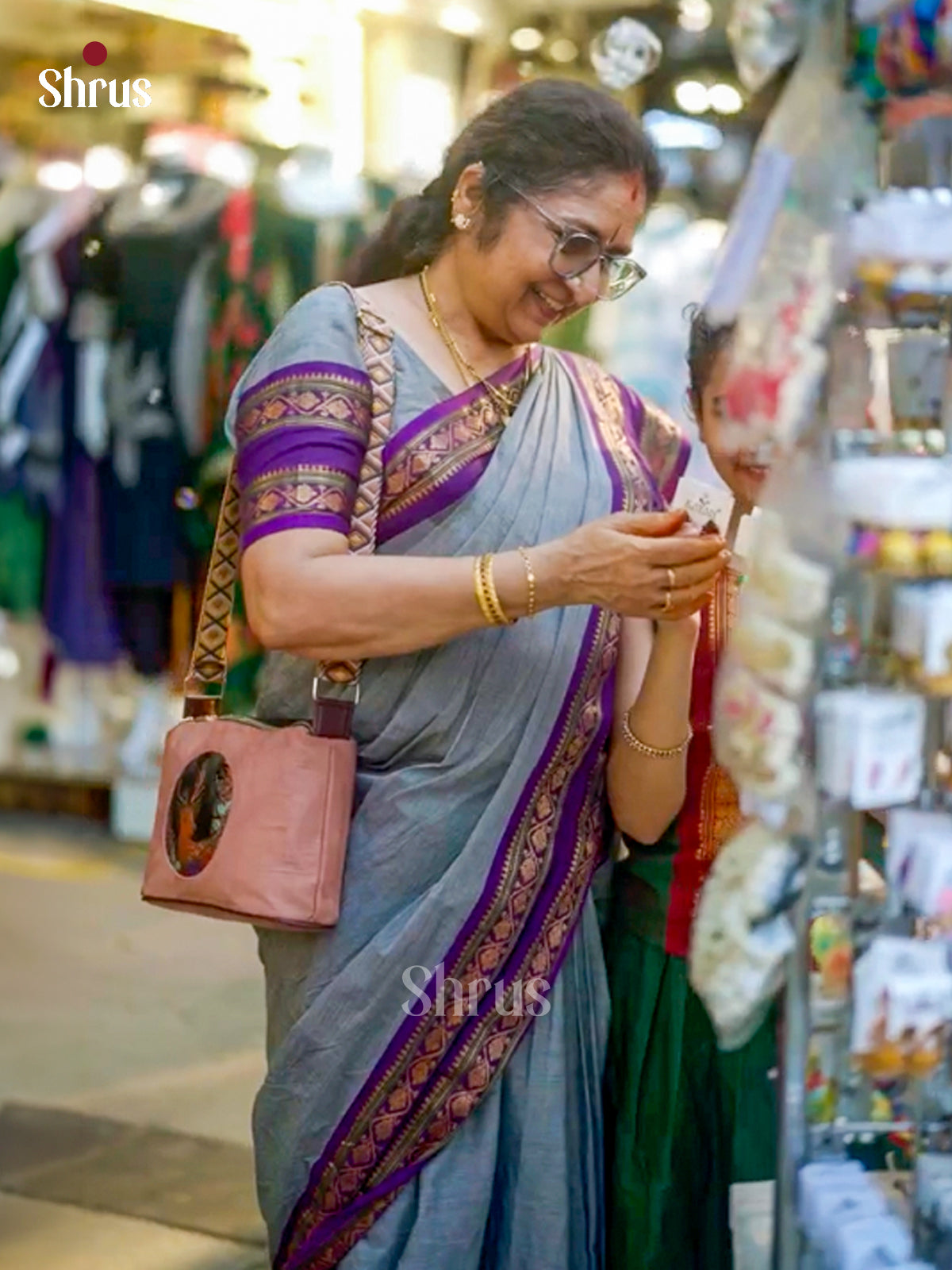 Elegant Grey Chettinad Cotton Saree With Plain Body, Violet Rettapet Zari Border & Self Pallu
