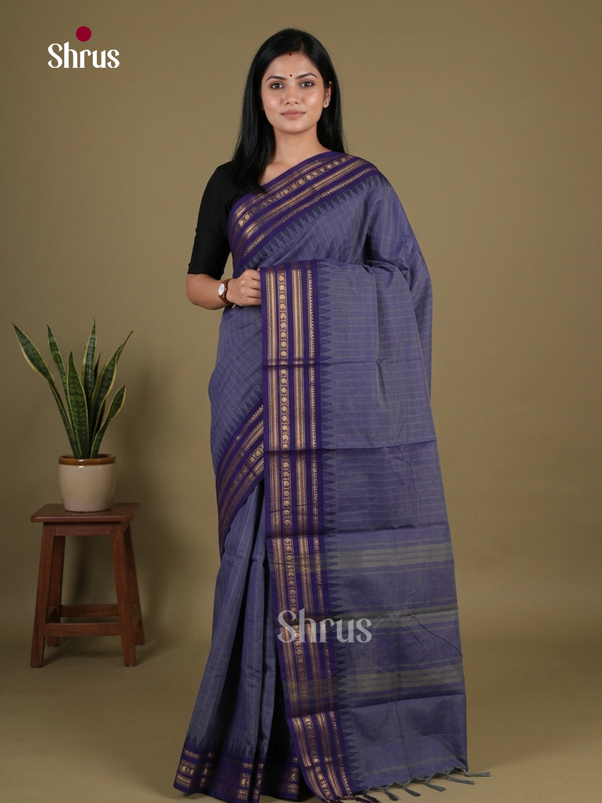 Elegant Greyish Blue Chettinad Cotton Saree With Stripes & Indigo Zari Striped Border 