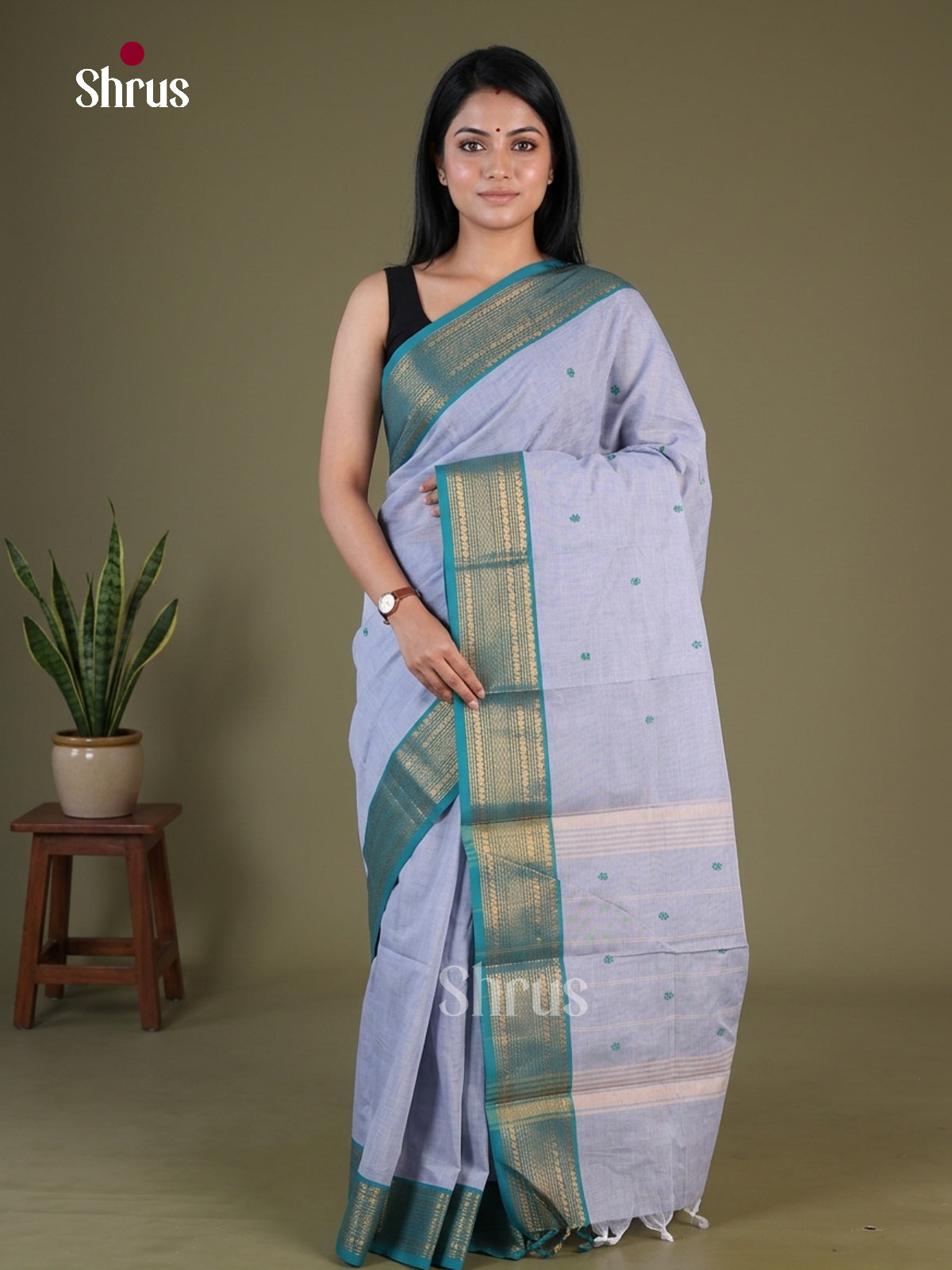 Elegant Ice Blue Chettinad Cotton Saree With Green Thread Buttas & Teal Green Zari Striped Border