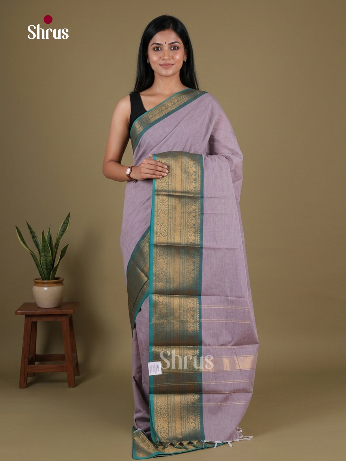 Elegant Lavender Chettinad Cotton Saree With Plain Body & Teal Blue Broad Zari Border