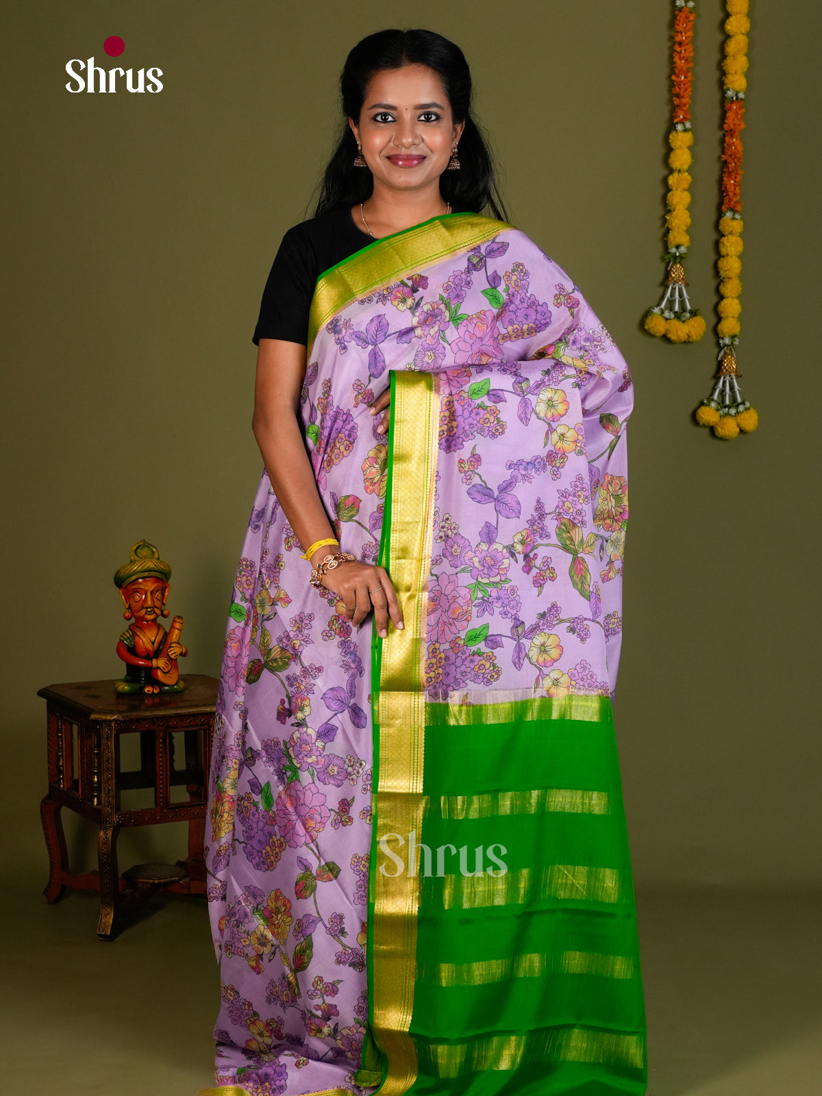 Buy Elegant Lavender Mysore Silk Saree with Floral Print, Kaddi Zari Border & Green Pallu
