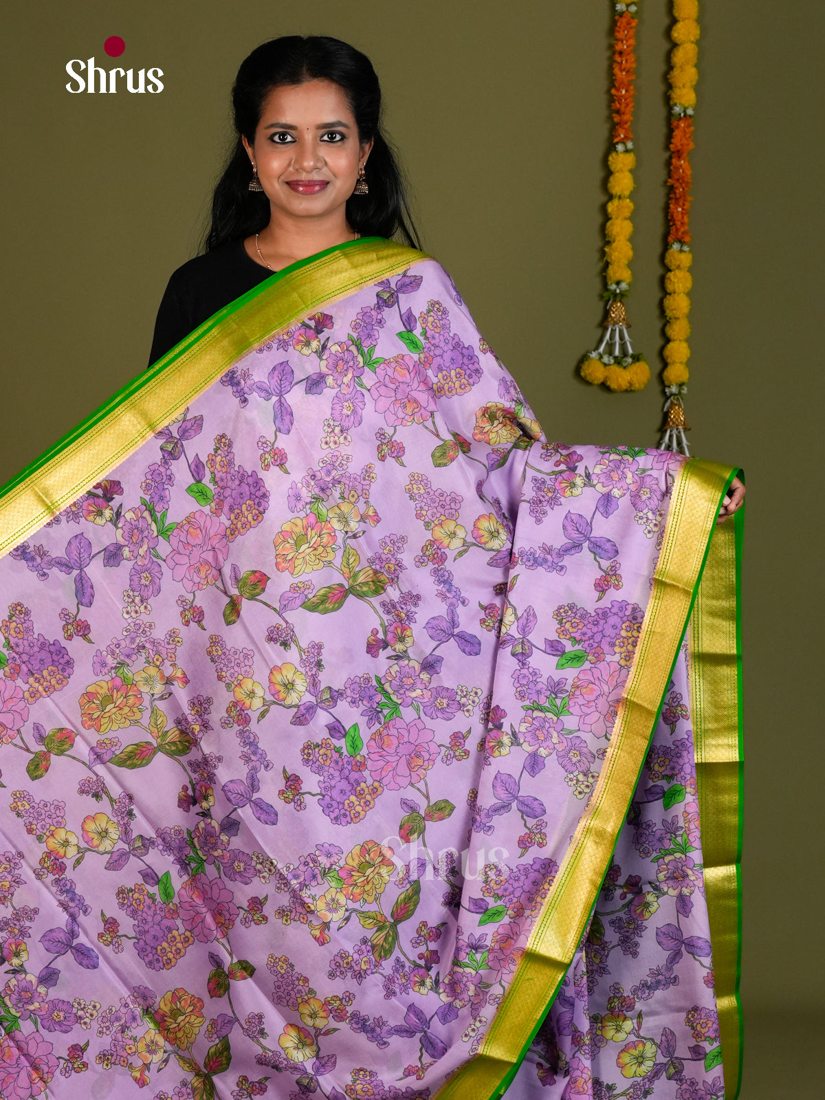 Buy Elegant Lavender Mysore Silk Sarees with Floral Print, Kaddi Zari Border & Green Pallu