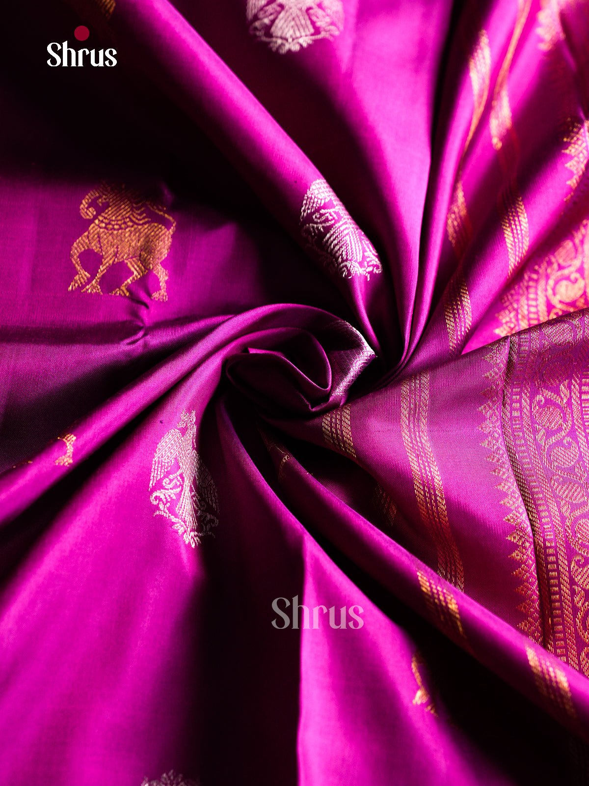 Elegant Magenta Silk Saree With Gold & silver Yaali Motifs | Self Zari Border & Brocade Pallu