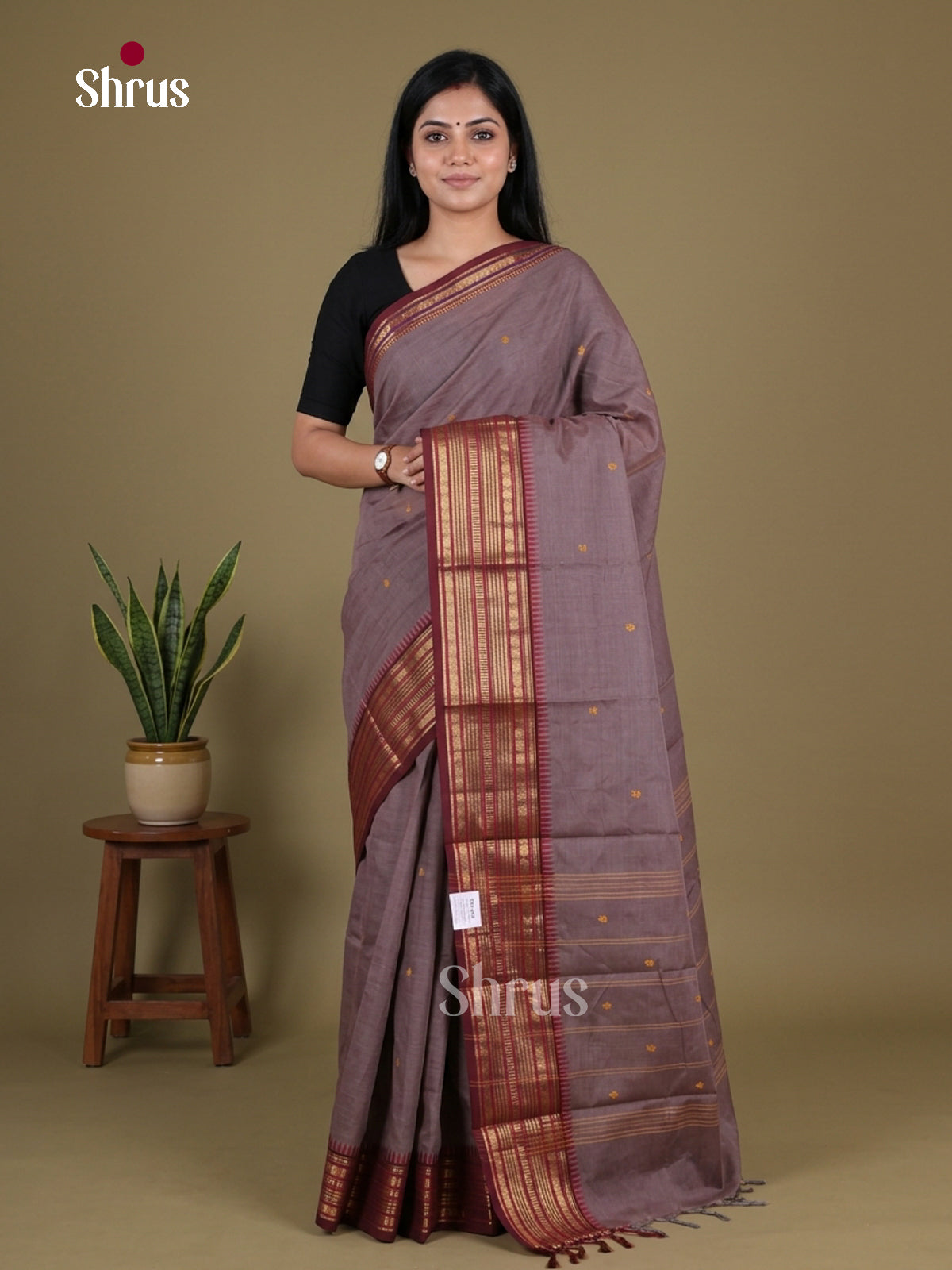 Elegant Mauve Chettinad Cotton Saree With Buttas & Maroon Temple Border With Zari Stripes